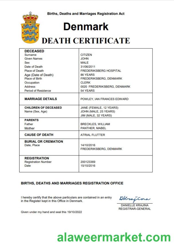 Denmark vital record death certificate Word and PDF template